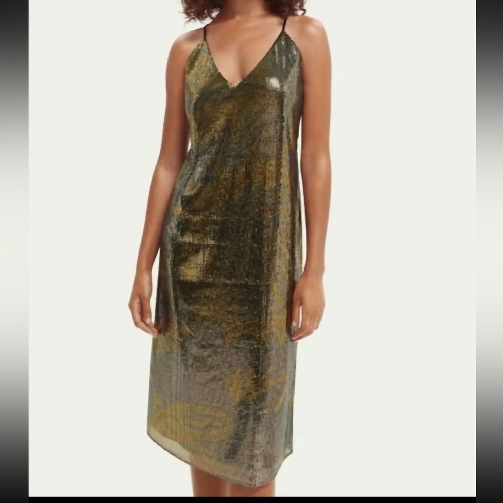 Scotch & Soda Sequin Slip Midi Dress Cocktail Green Gold XS NWT